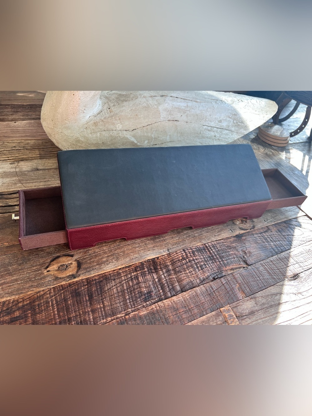Levenger Leather Slide-Out Desk Organizer Tray in Black and Burgundy